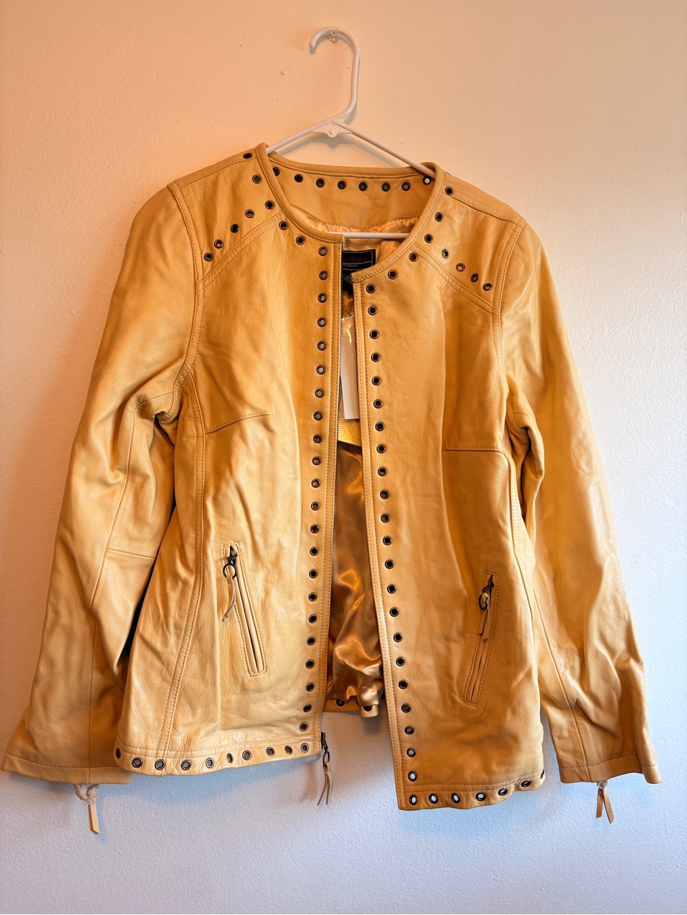Women’s Yellow Stud-Trim Leather Jacket - Picture 1 of 4